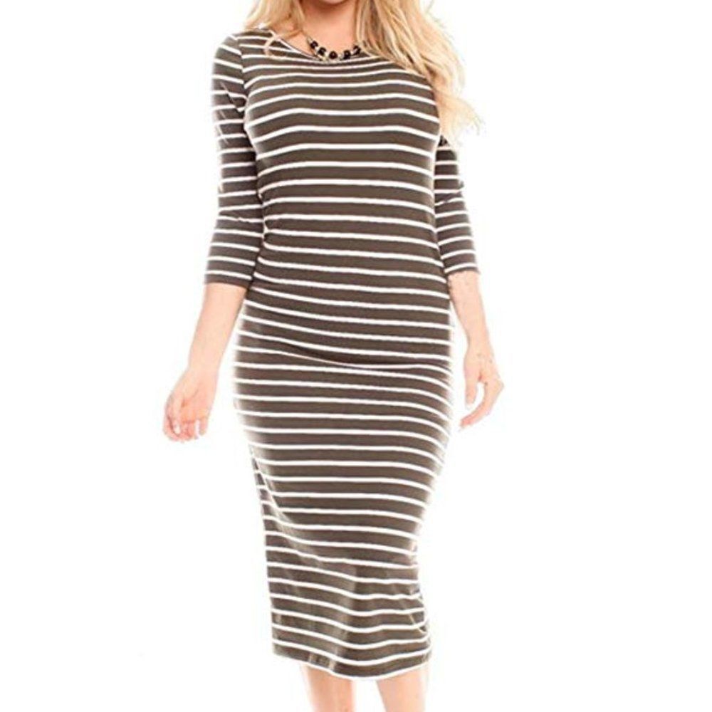 Women's Striped Olive Green Sexy Bodycon Midi Dress Nautical Beachy Cover-Up NEW